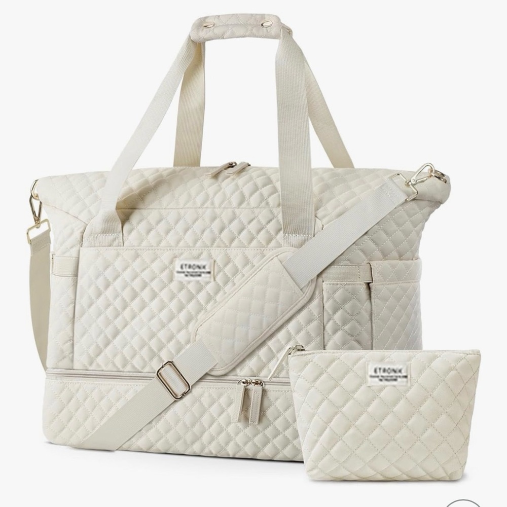 WEEKENDER BAG SET QUILTED LARGE DUFFLE + MAKEUP BAG HIDDEN SHOE COMPARTMENT